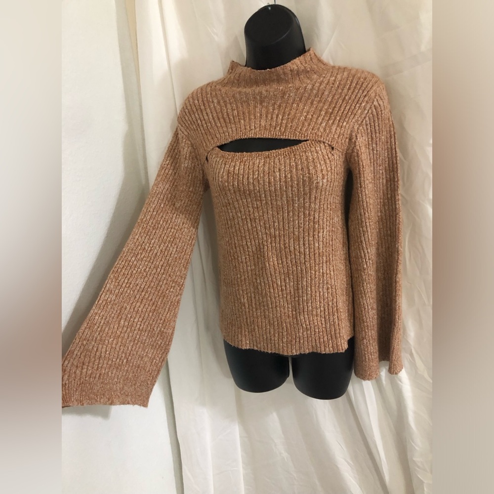 Jessica Simpson tan marled chunky knit bust cutout bell sleeve sweater size XS